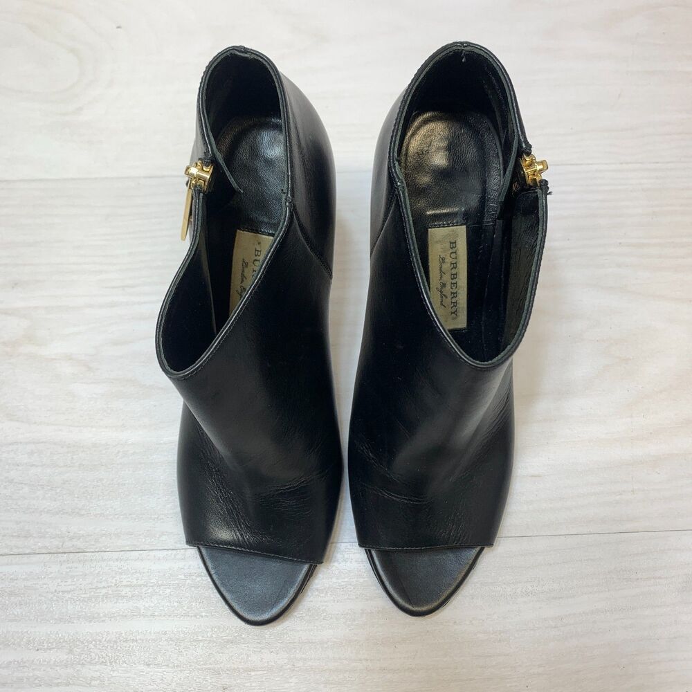 Burberry Ankle Boots Women's Size 8.5 Black Leather Peep Toe Stiletto Heels - Picture 8 of 13